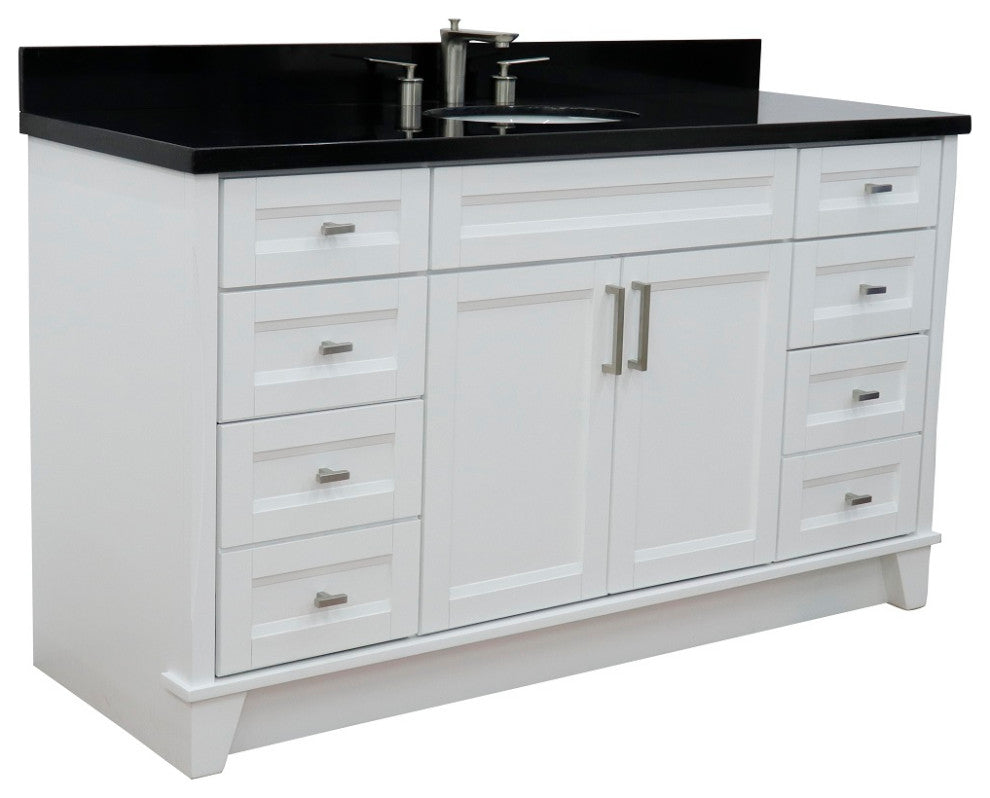 61" Single Sink Vanity, White Finish And Black Galaxy Granite And Oval Sink