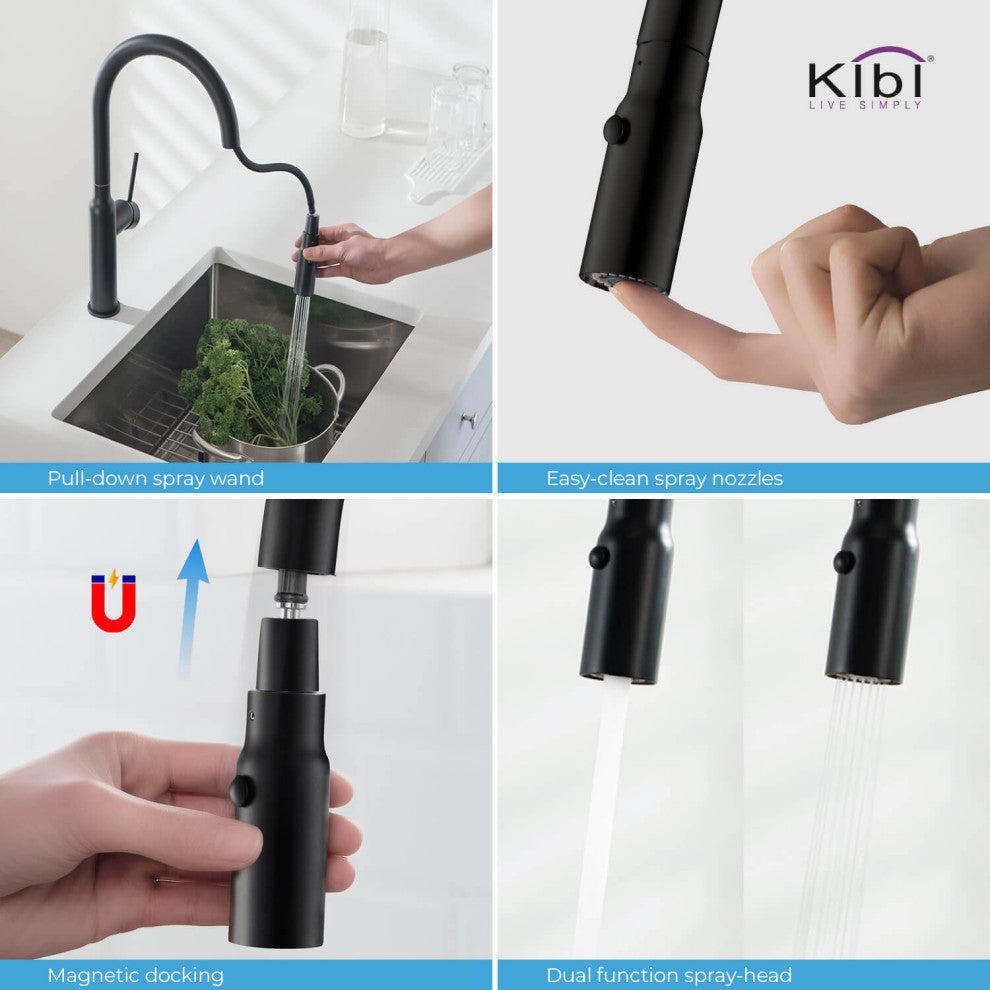 KIBI Hilo Single Handle Pull Down Kitchen Faucet, Matte Black, W/ Soap Dispenser