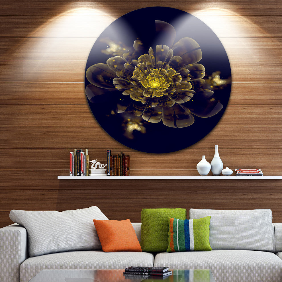 Golden Metallic Fractal Flower, Digital Art Disc Metal Artwork, 11"