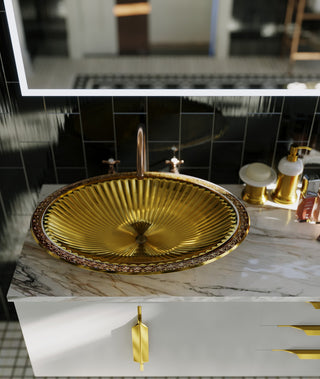 Olive Tempered Glass Oval Vessel Bathroom Sink, Gold