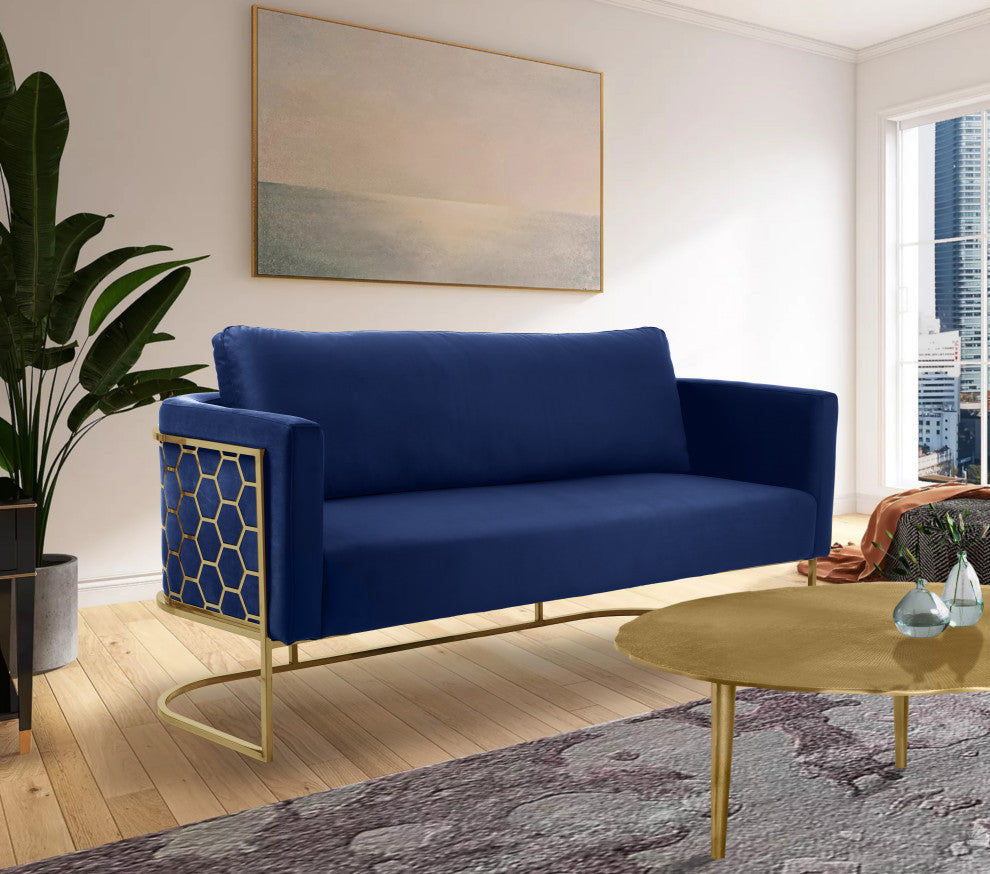 Casa Velvet Upholstered Sofa, Navy, Gold Finish