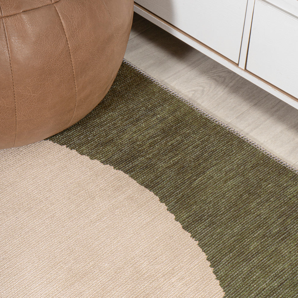 Cirkel Minimalist Geometric Dot Machine-Washable Area Rug, Olive/Cream, 2x8