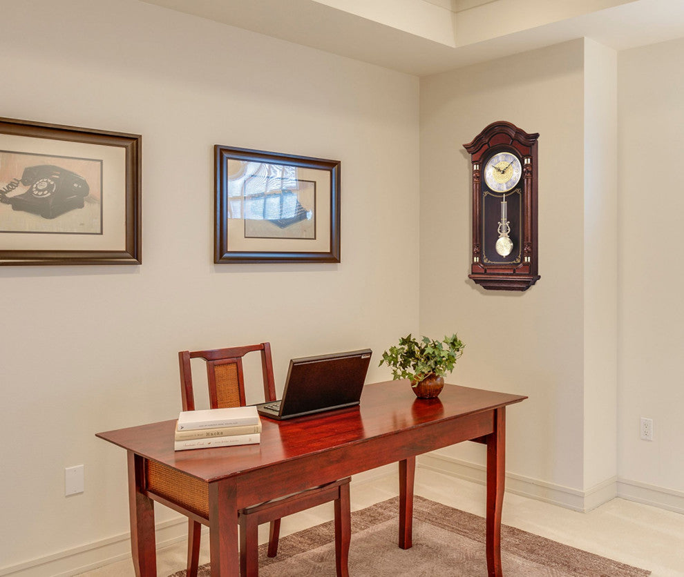 Seiko Clocks, Dark Brown Solid Oak Case Wall Clock With Pendulum and Chime