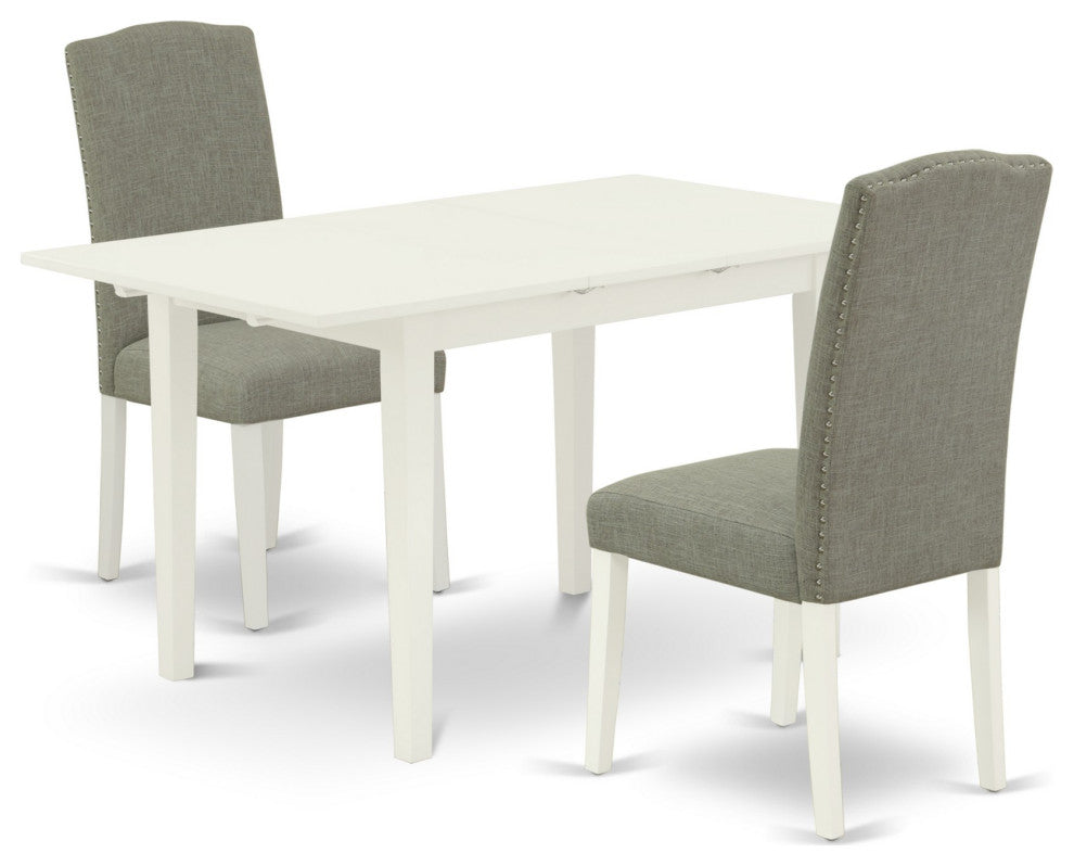 3-Pc Kitchen Dinette Set, 2 Chairs, Butterfly Leaf Rectangle Table, Linen White