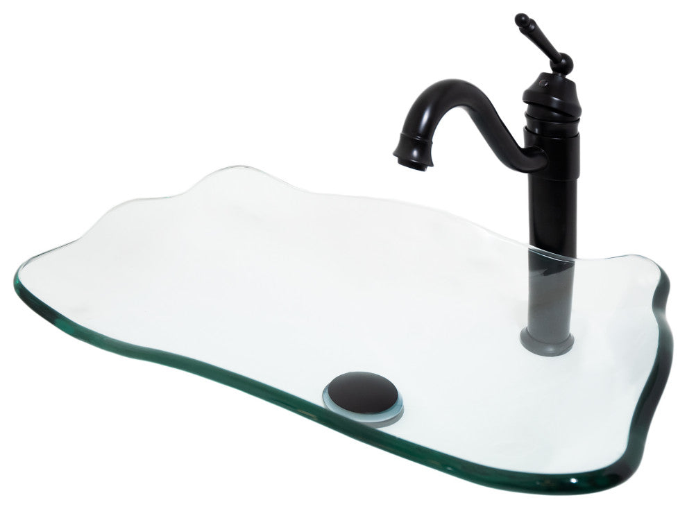 Clear Scalloped Tempered Glass Vessel Bathroom Sink with Faucet and Drain, Matte Black