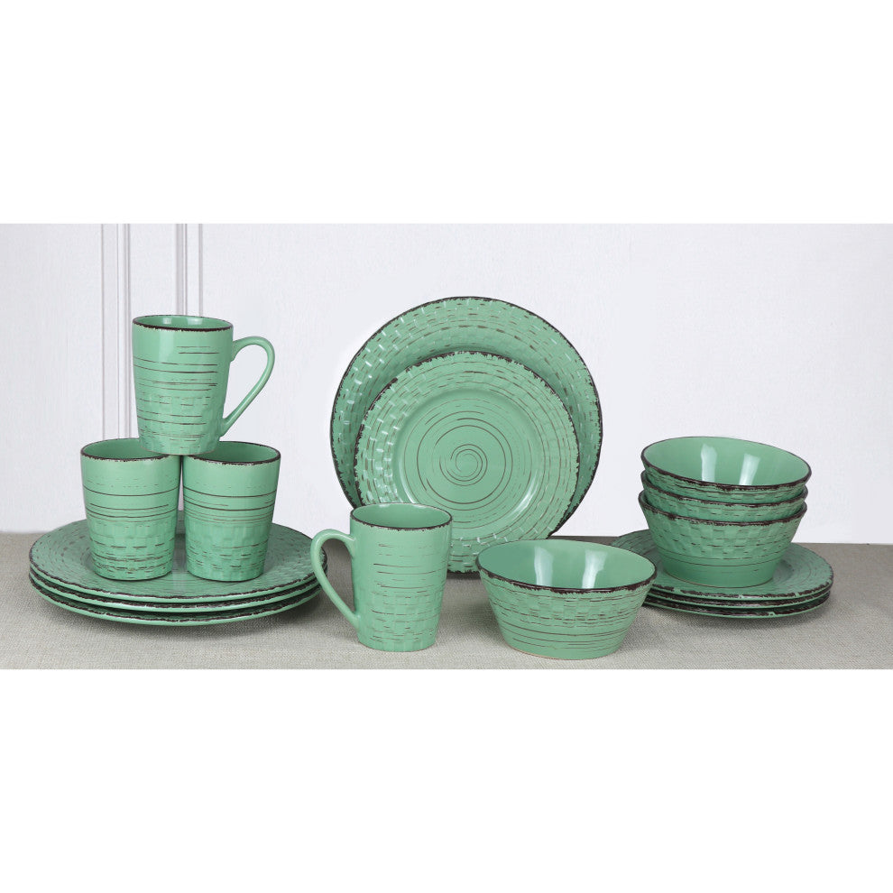 Basketweave 16 Piece Stoneware Dinner Set, Service for 4, Green