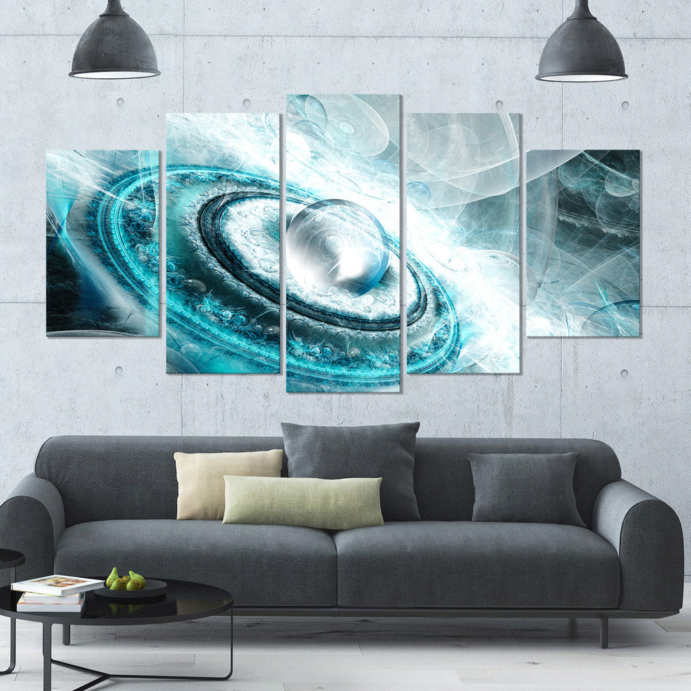 Blue Fractal Flying Saucer, Large Floral Canvas Art Print, 60"x32", 5 Panels