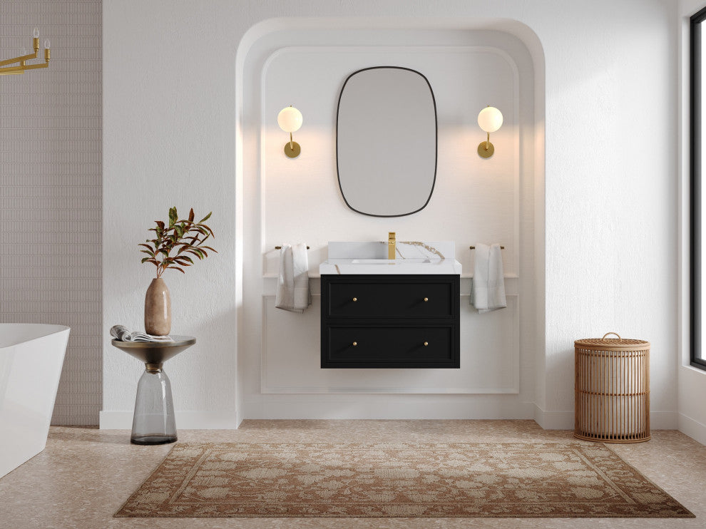 Roswell Floating 30" Single Sink Bath Vanity, Black 2" Calacatta Gold