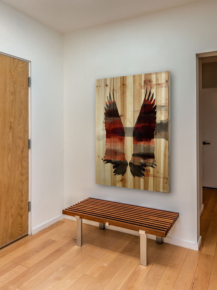 "Red Wings" Print on Natural Pine Wood, 24"x36"
