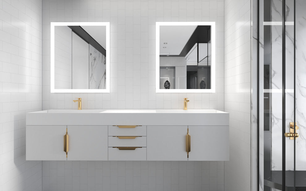 CastelloUSA Amazon 84" Wall Mounted Bathroom Vanity Set, White, White Top, Gold Handles