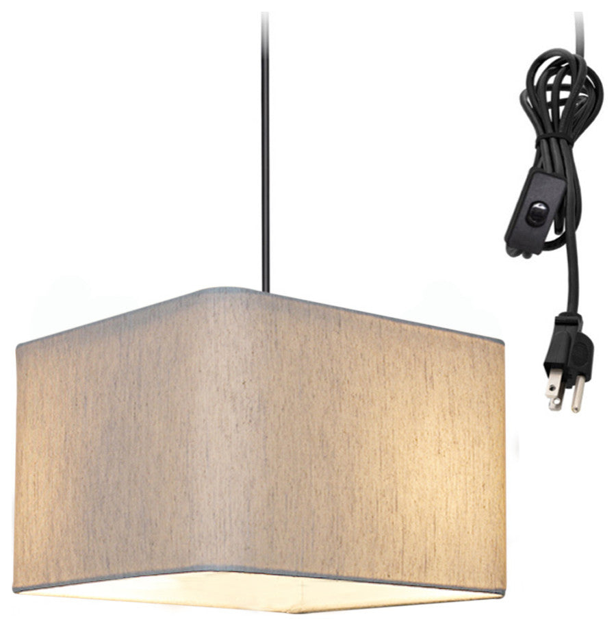 1 Light Swag Plug-In Pendant 14"w Rounded Corner Square Oatmeal Drum Shade, Blac