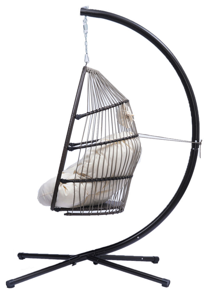 Outdoor Patio Wicker Folding Swing Chair Hanging With Bracket and Cushion Pillow