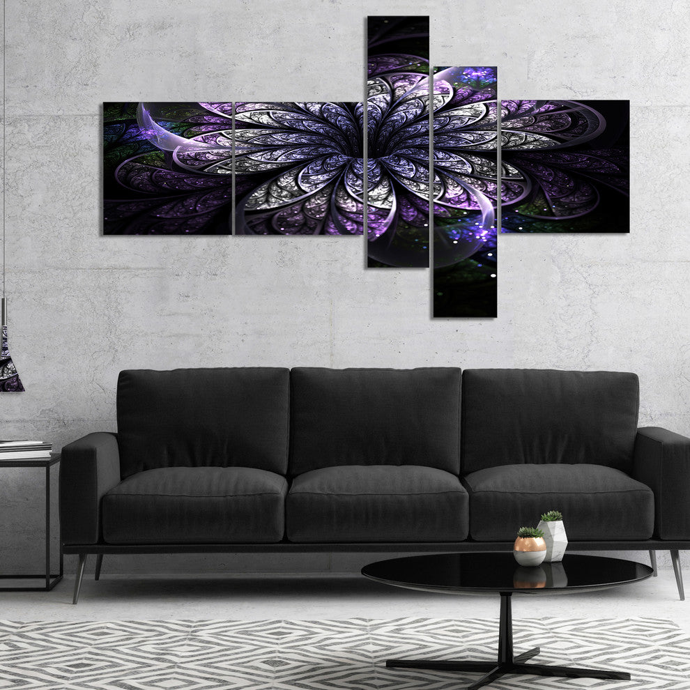 Green Fractal Flower in Dark, Blue, Floral Art Canvas Print, 60"x32", 5 panels