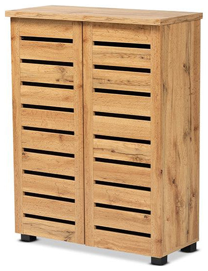 Oak Brown Finished Wood 2-Door Shoe Storage Cabinet