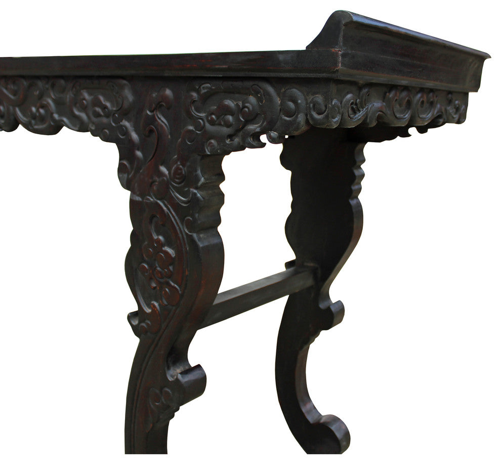 Chinese Brown Huali Rosewood Point Edge Relief Carving Altar Table Hcs4897