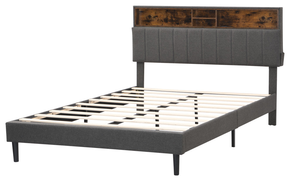 TATEUS Upholstered Platform Bed With Storage Headboard and USB Port, Gray, Queen