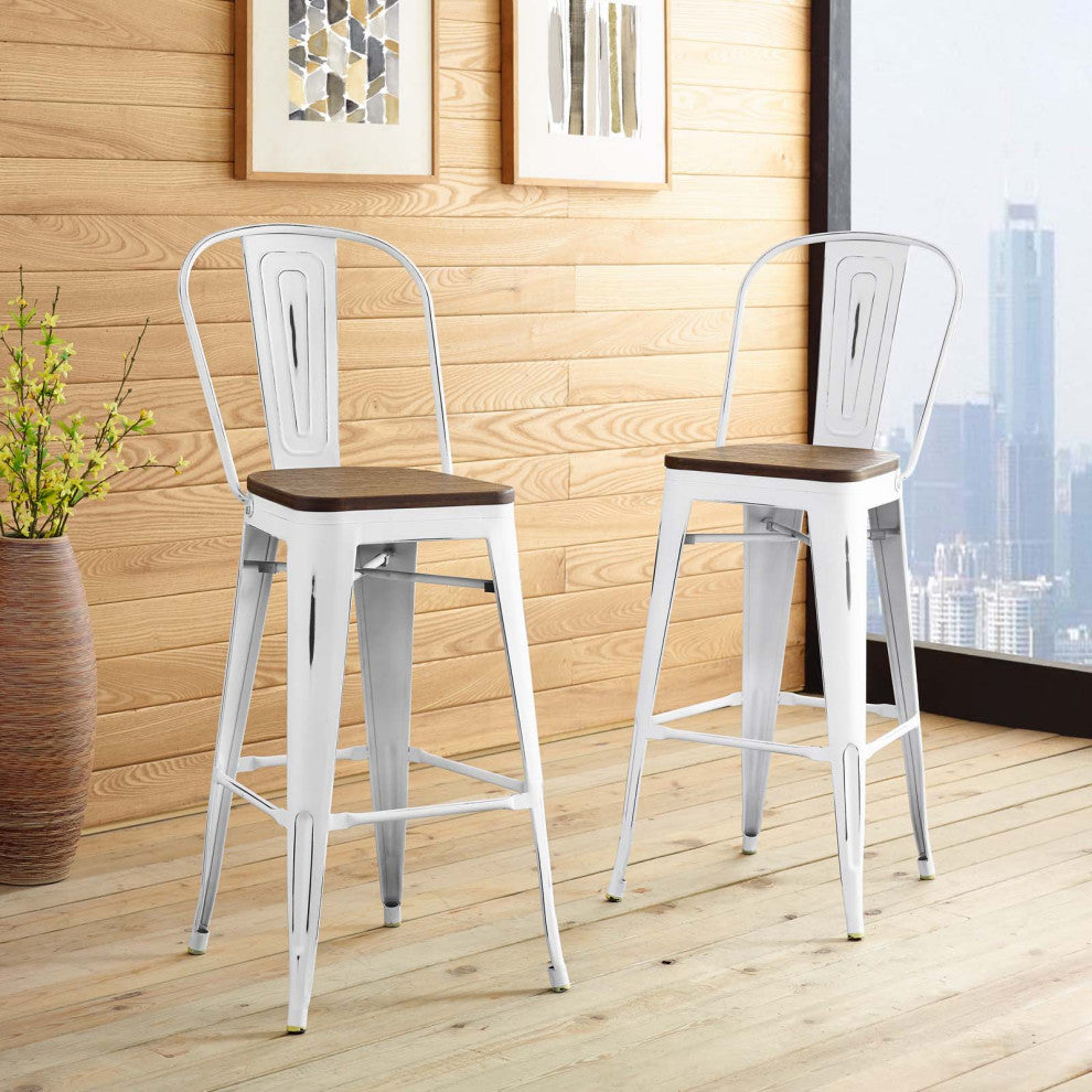 Bar Stool Chair Barstool, Set of 2, Wood, Metal, White, Modern, Bar Pub Bistro