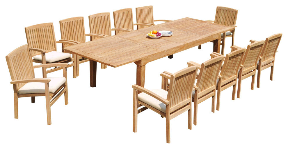 13-Piece Outdoor Teak Dining Set: 122" Rectangle Table, 12 Wave Stacking Chairs