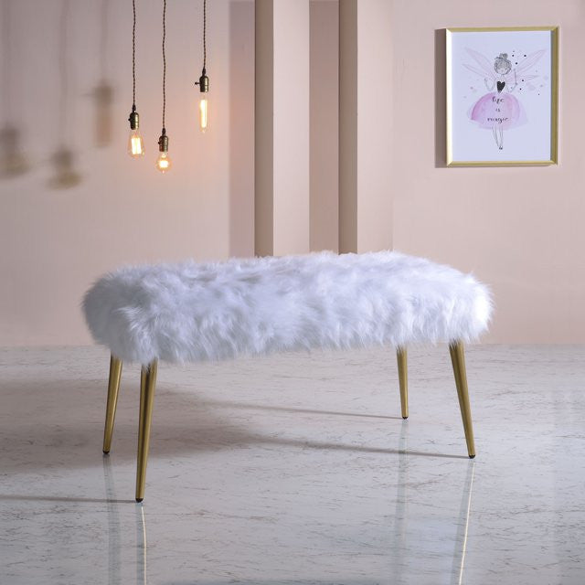 Modern White Accent Bench with Gold Metal Legs and Comfortable Faux Fur Seat