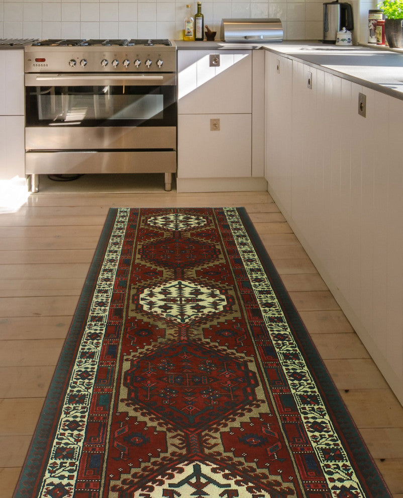 Fine Vintage Distressed Mohamet Red/Ivory Runner, 3'4x10'5