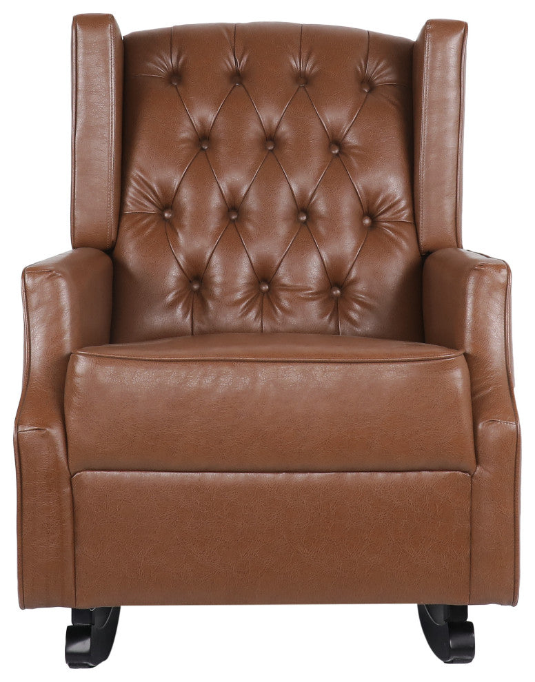 Amedou Faux Leather Tufted Wingback Rocking Chair, Cognac/Dark Brown