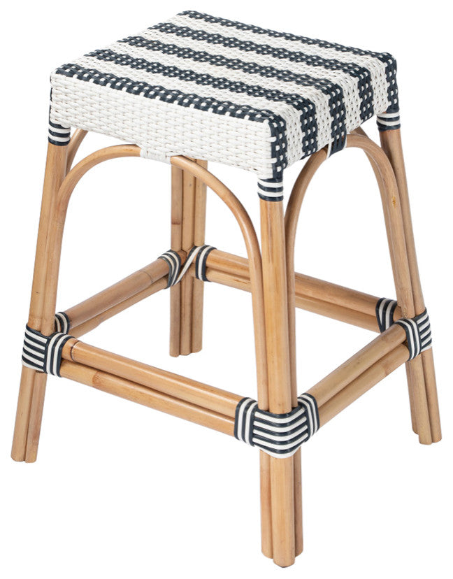 Robias Rectangular Rattan 24.5" Counter Stool, Navy Stripe