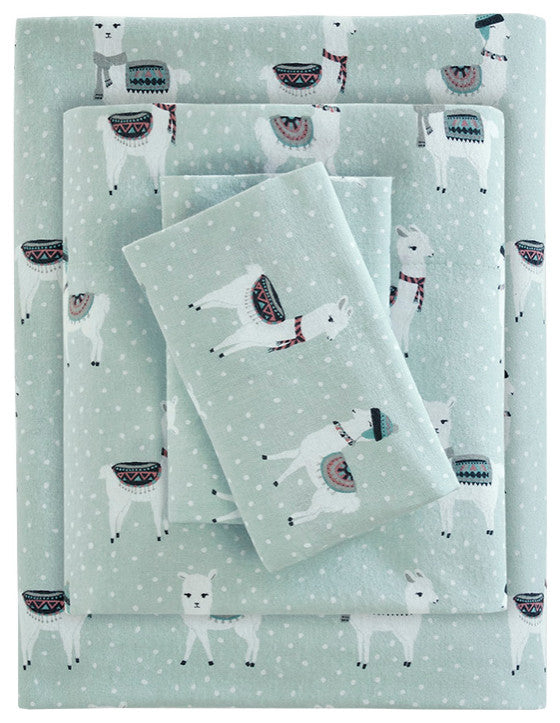 True North by Sleep Philosophy Cotton Flannel Kids Sheet Set, Green Llamas