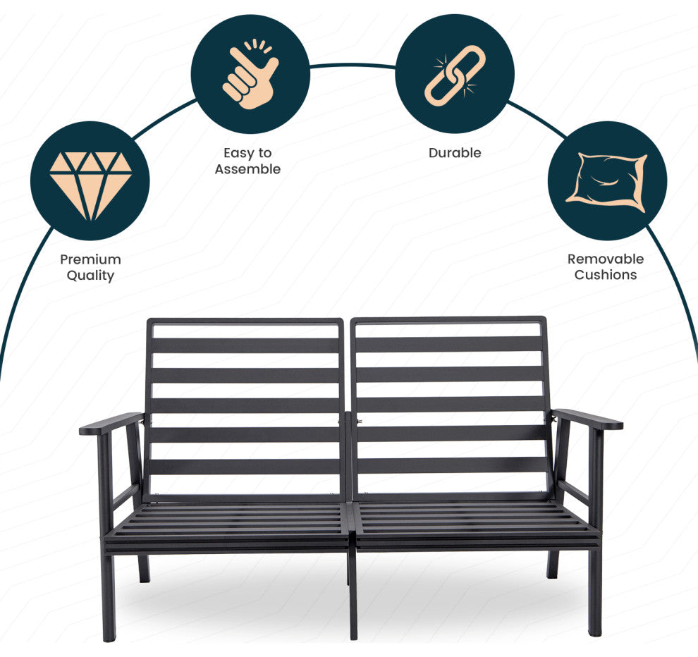Leisuremod Walbrooke Patio Loveseat With Black Aluminum Frame, Gray