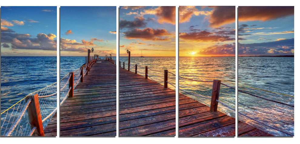 Beautiful Sunset over Sea Pier, Modern Canvas Art Print, 60"x28", 5 Panels