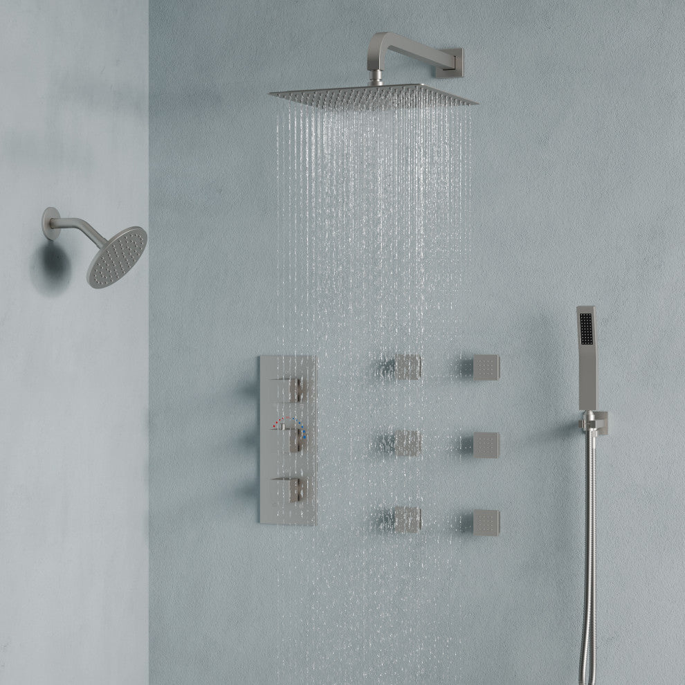 Dual Heads 12" Rain Shower System With 3 Way Thermostatic Faucet,Body Jets, Brushed Nickel