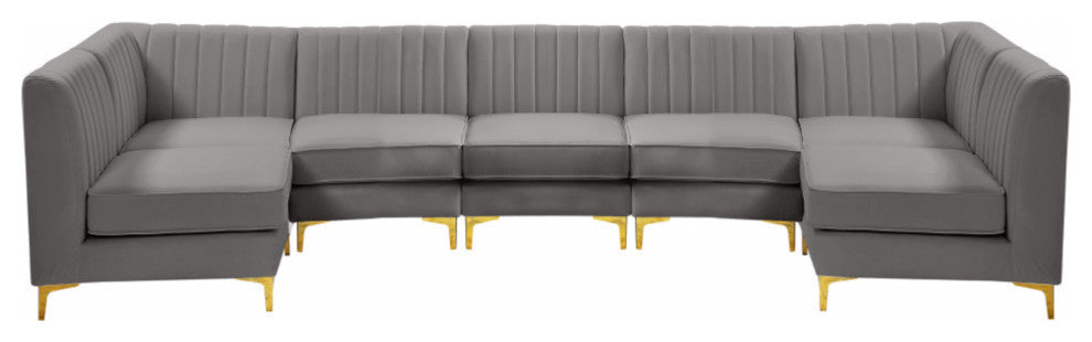 Alina Velvet Modular U-Shaped Sectional, Grey, 7-Piece: 5 Armless Chair, 2 Corner Chair