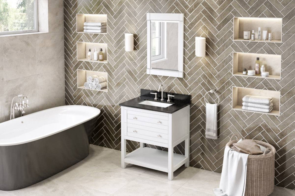 Astoria Transitional 30" White Vanity, Black Granite Vanity Top