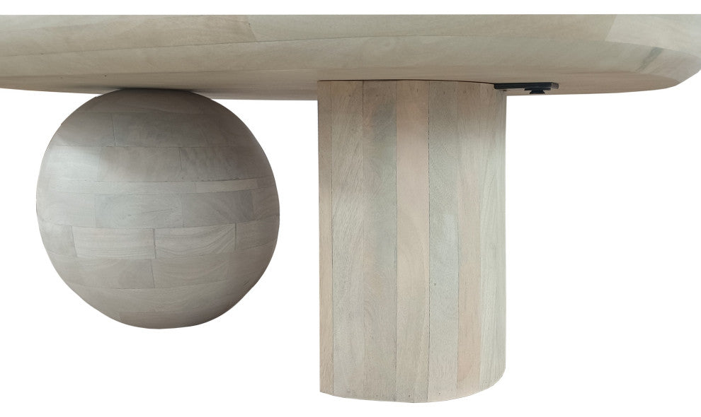 38" Coffee Table Oblong Mango Wood Top With a Modern Ball Leg Washed White