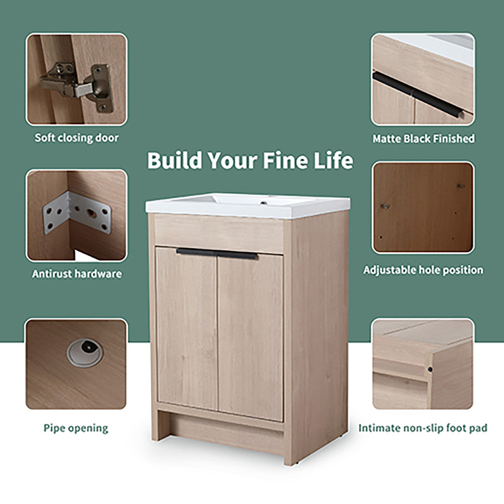 24 Inch Plywood Freestanding Bathroom Vanity With White Resin Sink and Doors