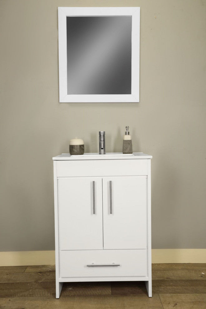 Pacific 24 Bathroom Vanity With Ceramic Top and Brushed Nickel Handles, White
