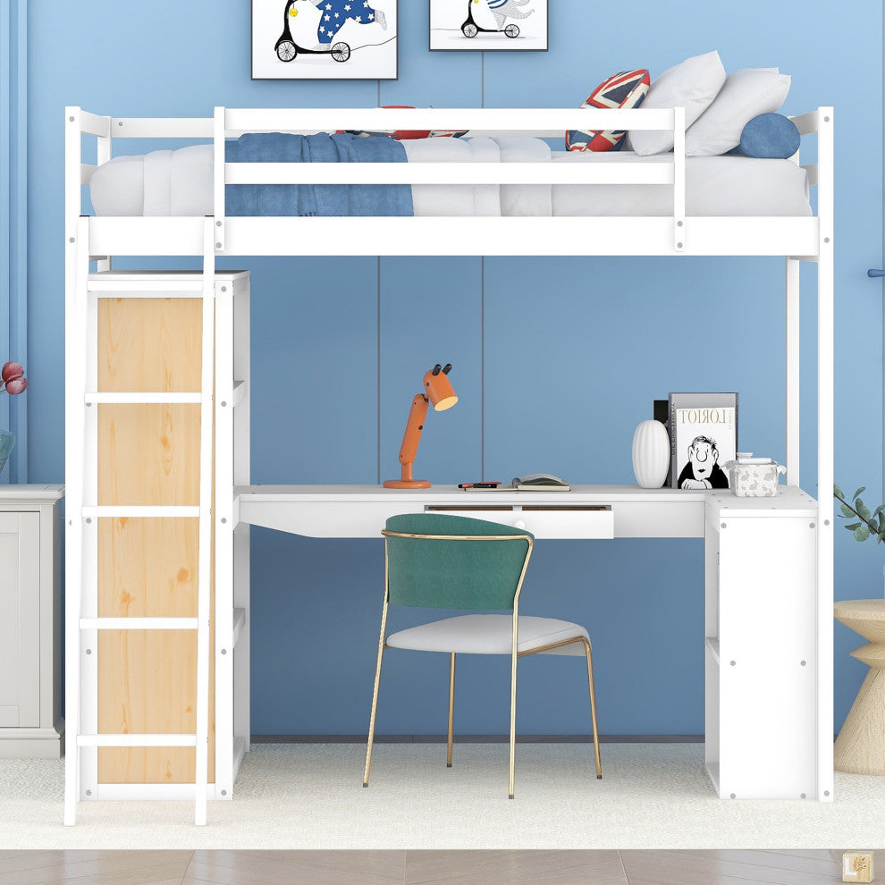 Gewnee Wood Twin Size Loft Bed with Ladder and Desk in White