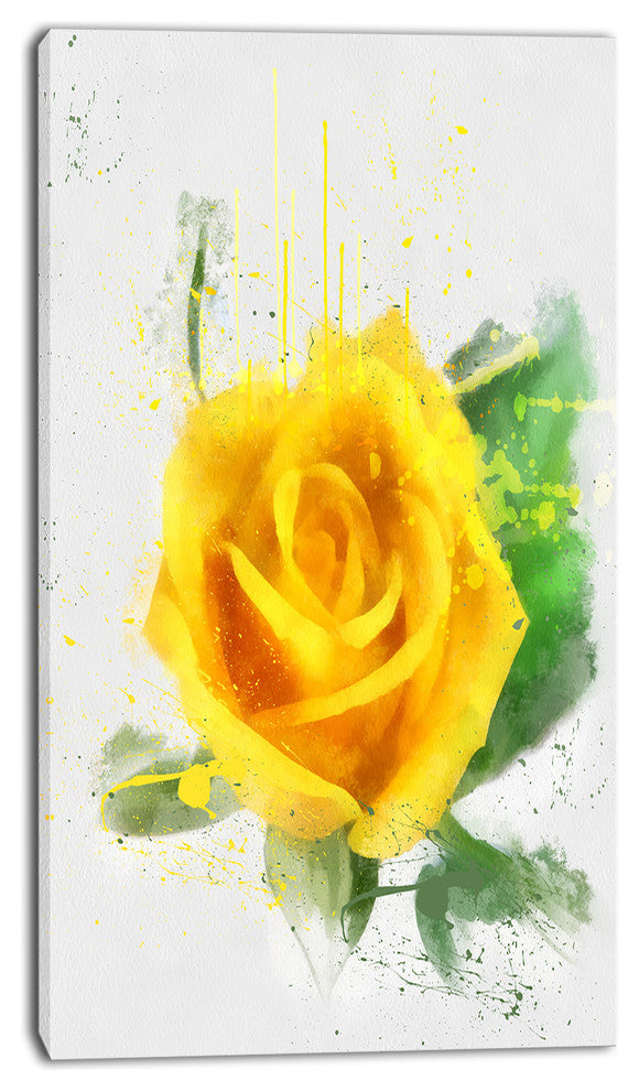 Yellow Rose with Green Leaves Sketch, Floral Canvas Art Print, 16"x32"