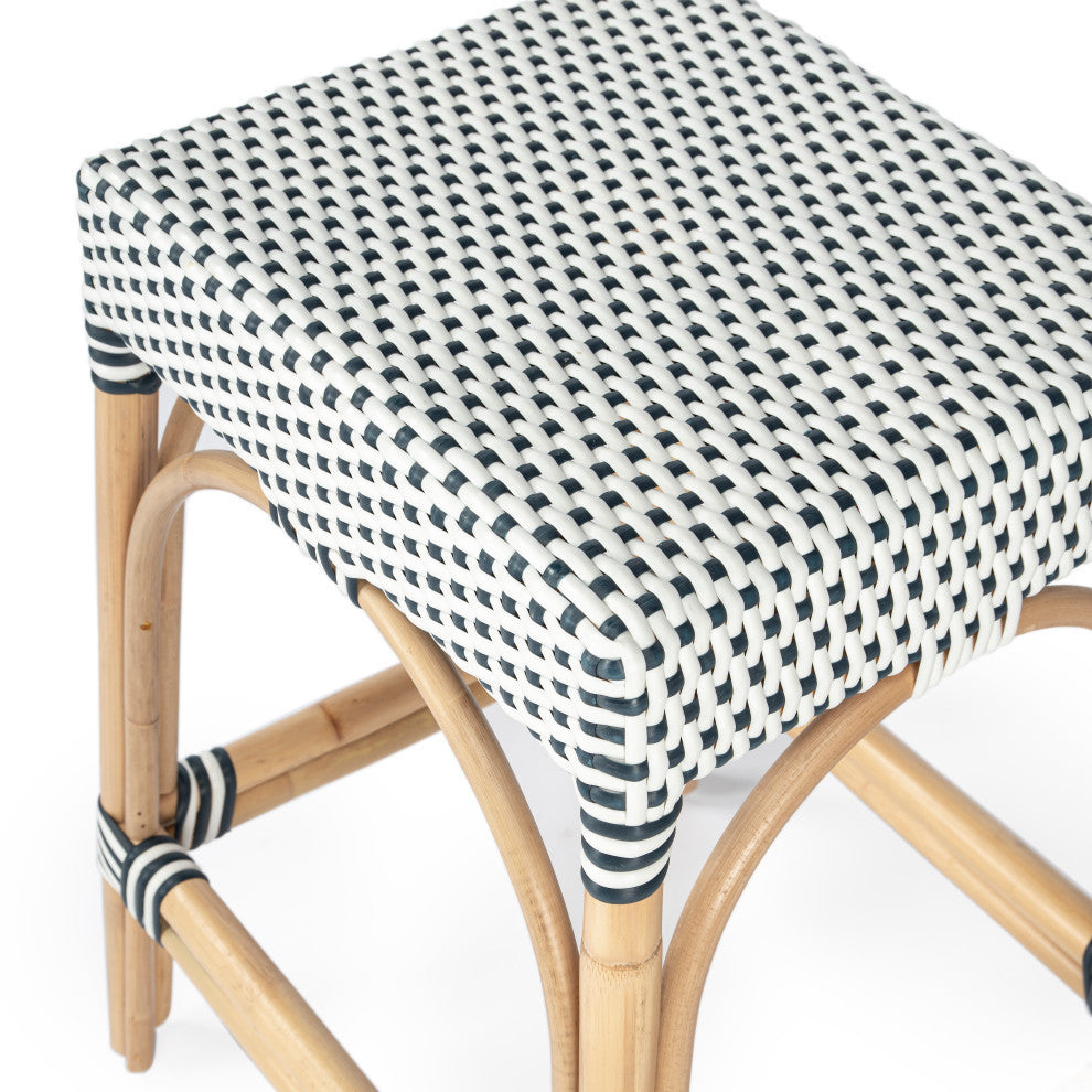 Robias Rectangular Rattan 24.5" Counter Stool, Navy and White