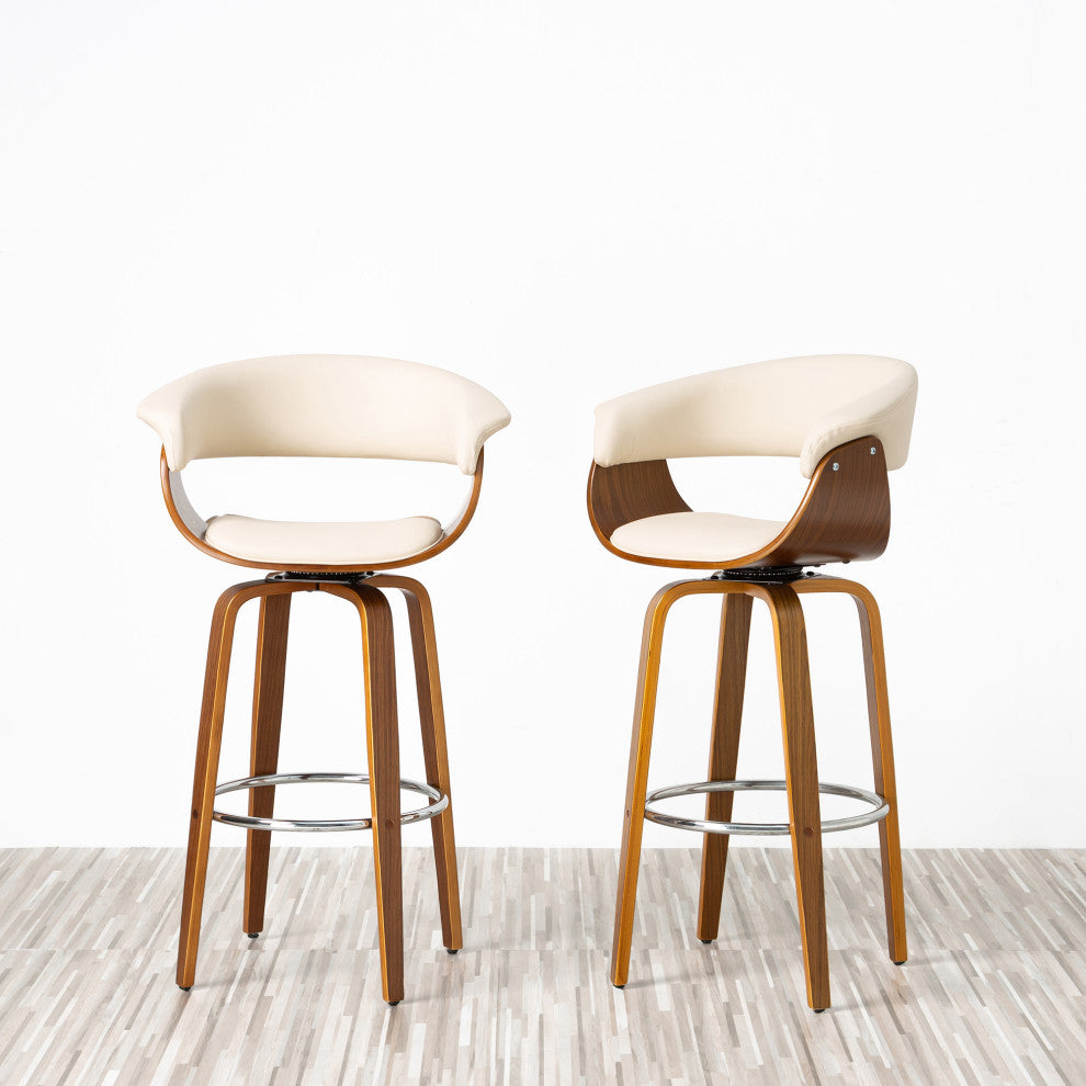 Bentwood Swivel Bar Chair, PU Leather, Set of 2, Cream