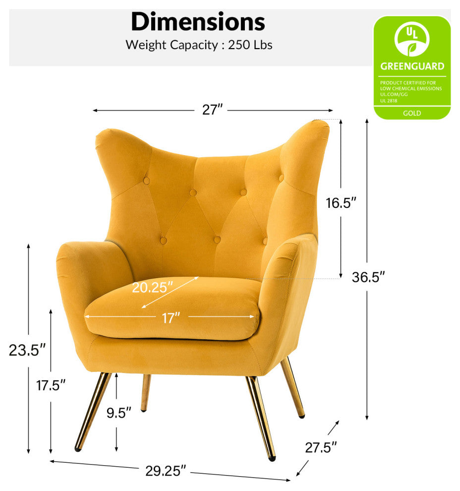 Tufted Accent Chair With Golden Legs, Mustard