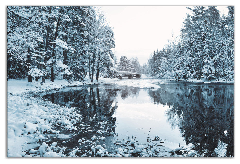 Snowy Park Lake Pine Trees 36x24 Canvas Wall Art