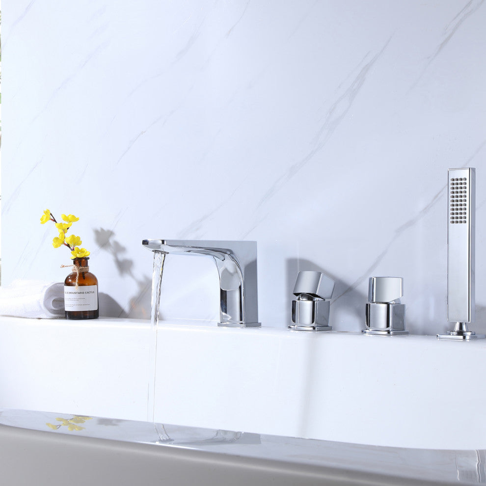 Deck Mount Roman Dual Handles Tub Faucet with Hand Shower, Chrome