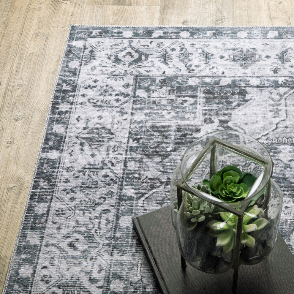 Celestia Machine Washable Medallion Indoor Area Rug, Charcoal, 7'6"x10'