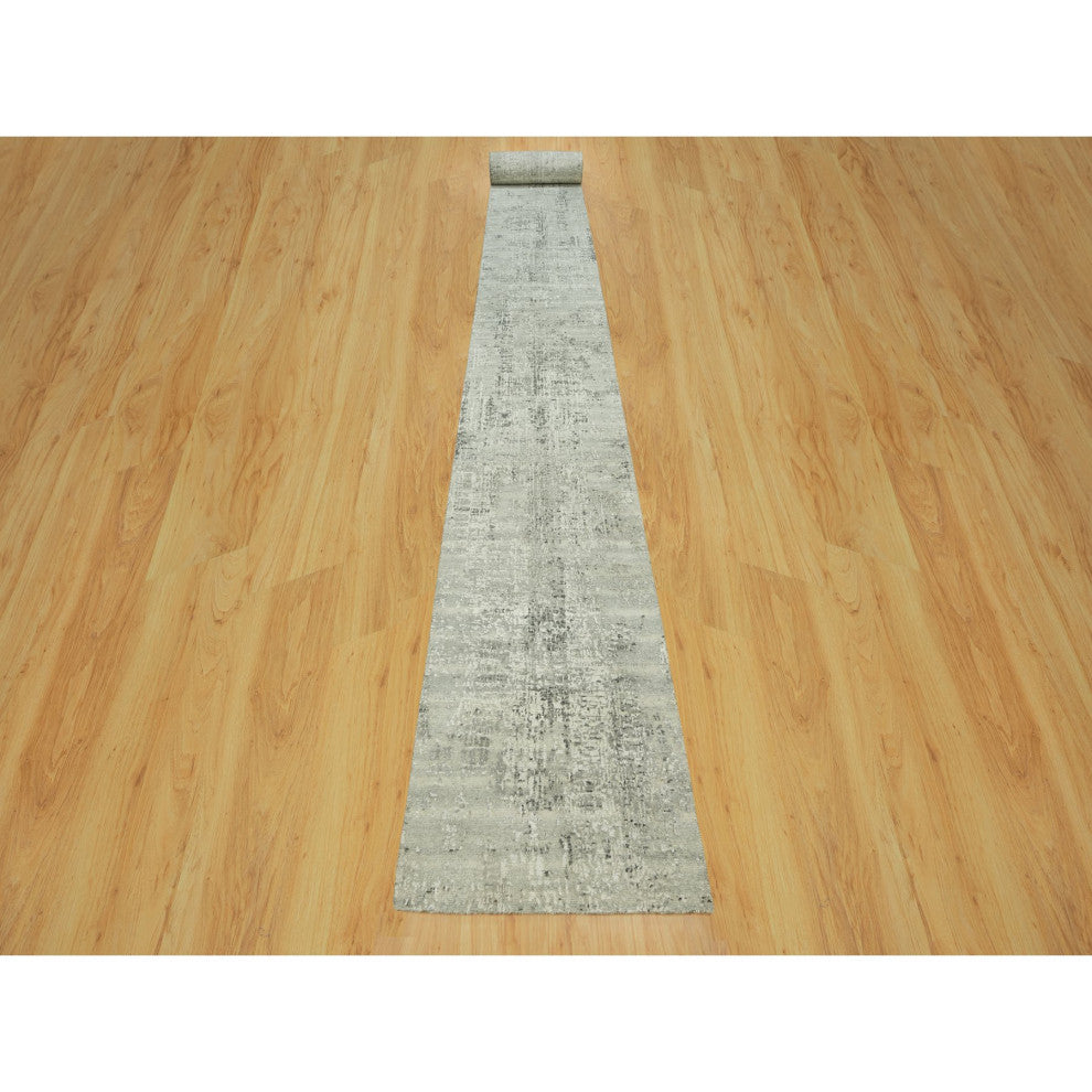 Gray Hand knotted Hand Spun Undyed Wool XL Runner Modern Rug 2'6"x31'8"