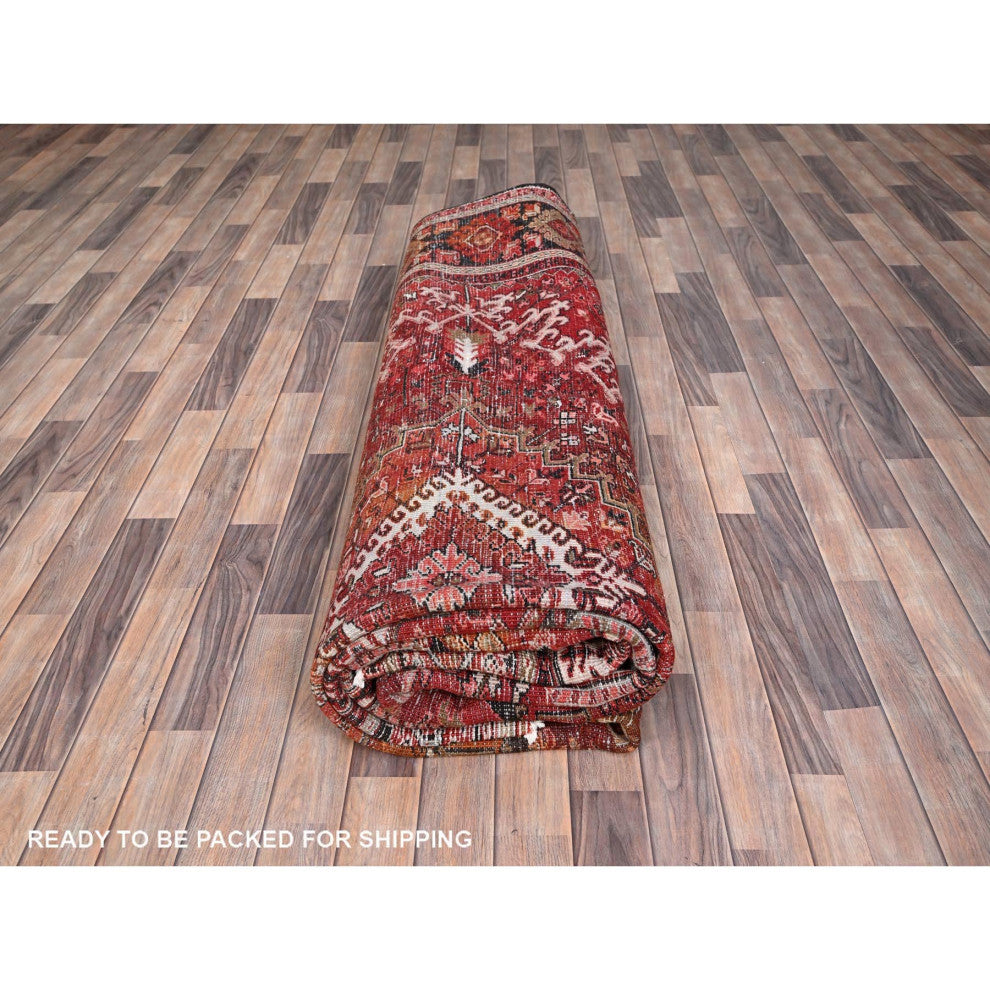 Alloy Orange Semi Antique Persian Heriz Worn Wool Hand Knotted Rug 10'2"x13'