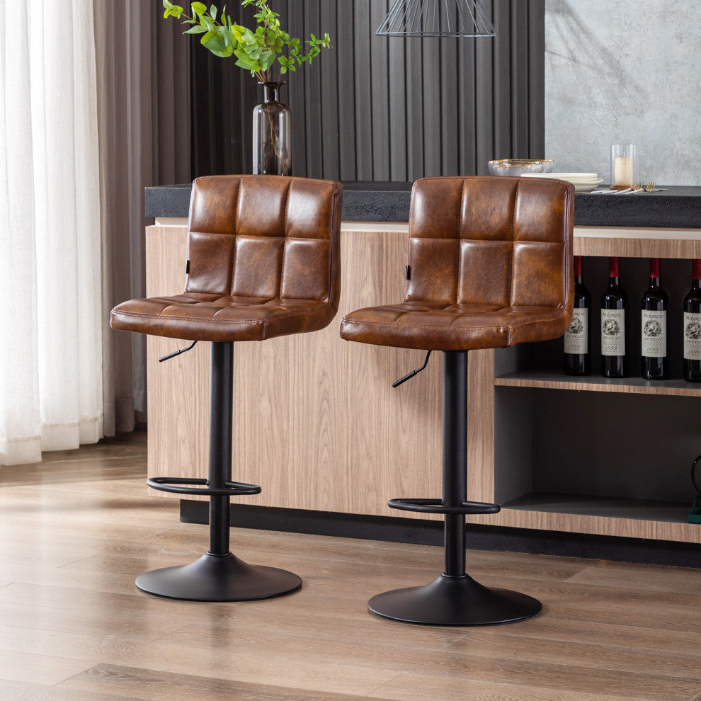 Set of 2 Armless Tufted Swivel Bar Stools, Yellowish Brown-Pu