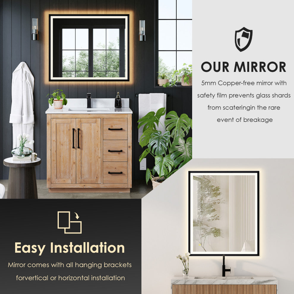 Cicero Vanity, Grain White Engineered Stone Countertop, Light Brown, 36", With Mirror