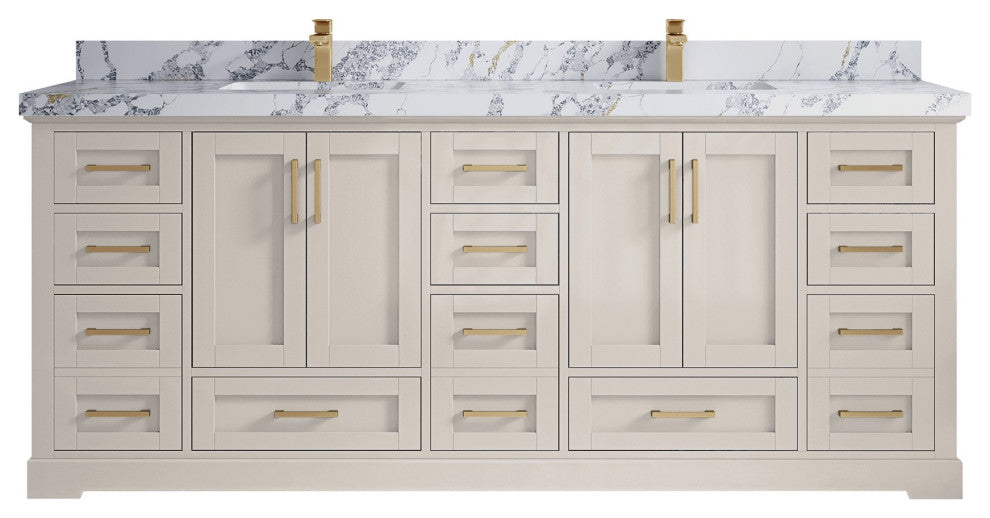 Boston 84" Double Sink Bath Vanity in Fine Grain 2" Calacatta Poanazzo