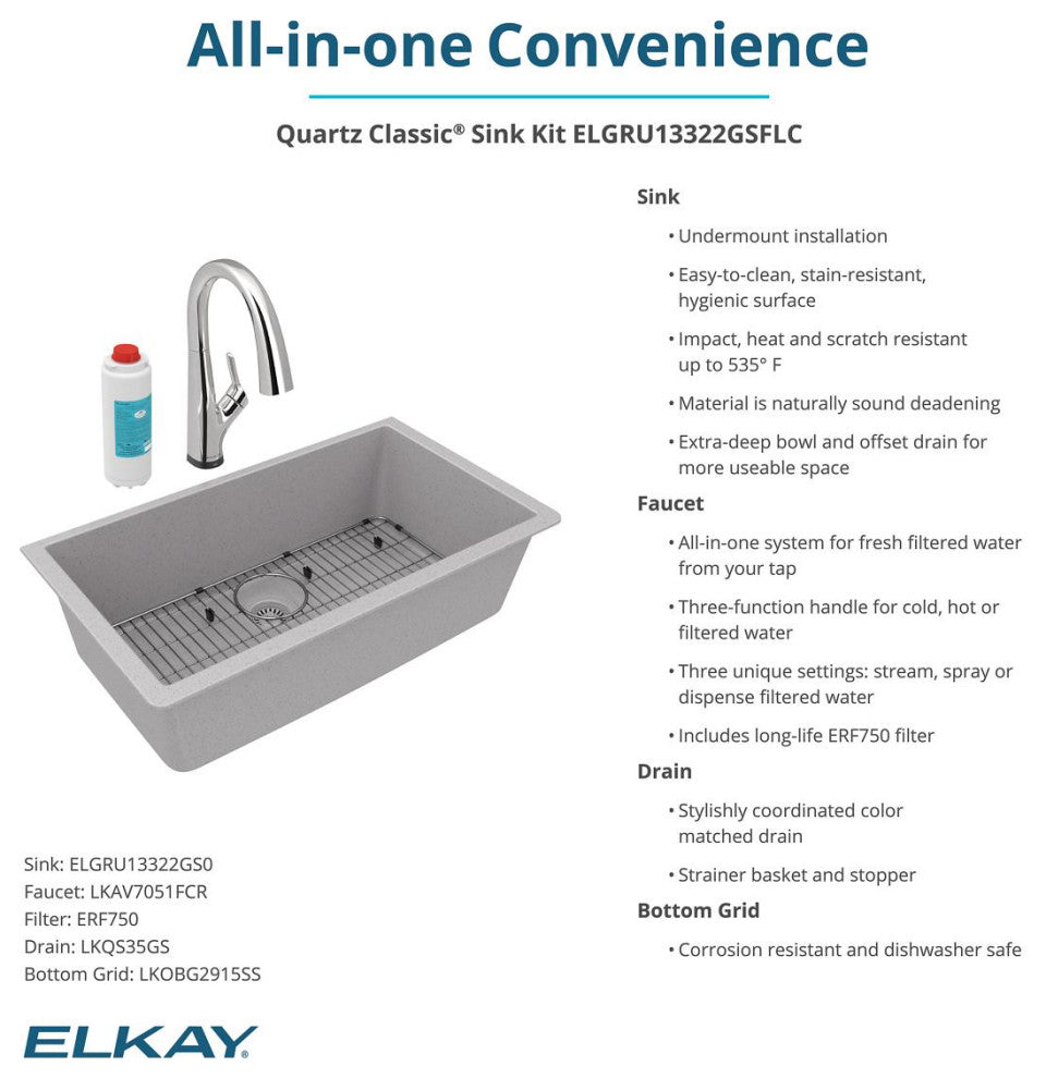 Quartz Classic 33" Single Bowl Undermount Sink Kit With Filtered Faucet, Greysto