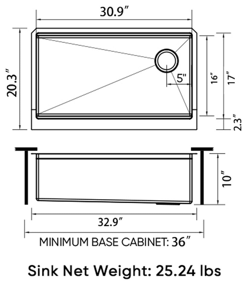 Sinber Single Bowl Kitchen Sink with 304 Stainless Steel Satin Finish, 33"x20" Workstation, Apron/Farmhouse